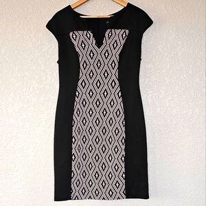 Connected Apparel Women’s Dress Cap Sleeve Black White Pattern V Stretch sz 10